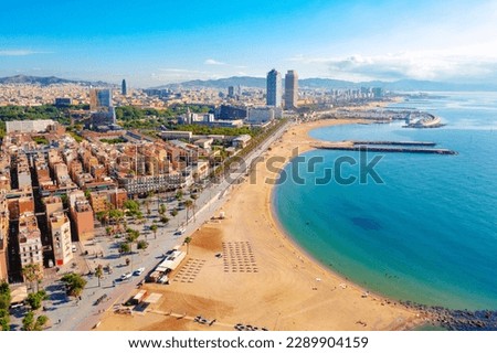 Aerial view of Ciutat Vella district with Barceloneta beach Spain