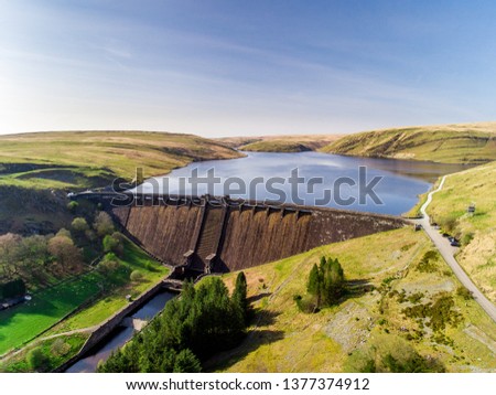 Aerial view of Claerwen Reservoir and dam, in the Elan Valley, mid Wales, Spring 2019