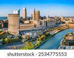 Aerial view of Cleveland, Ohio skyline at sunset. Cleveland is a major city in the U.S. state of Ohio and the county seat of Cuyahoga County.