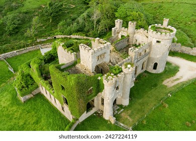 Aerial view of Clifden Castle, ruined manor house, standing on famous Sky Road near Clifden town, great example of Gothic Revival architecture, history, heritage of Connemara Co. Galway, Ireland - Powered by Shutterstock