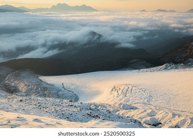 Aerial view close up Gergeti glacier tongue located on the southeastern slope of Mt. Kazbek. Kazbegi District of Georgia. Mount Kazbek climbing route. Caucasus mountain range snowy peaks - Powered by Shutterstock