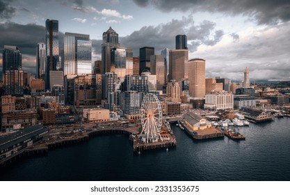 Aerial view of a cloudy Seattle afternoon