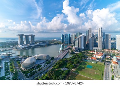 Aerial view of Cloudy sky at Marina Bay Singapore city skyline - Shutterstock ID 1098787424
