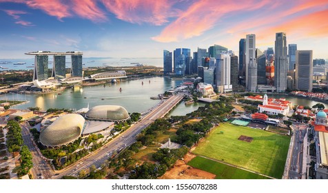 Aerial View Of Cloudy Sky At Marina Bay Singapore City Skyline