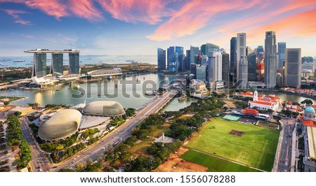 Aerial view of Cloudy sky at Marina Bay Singapore city skyline