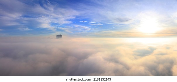 Aerial view Cloudy sunrise  sky. Beautiful Aerial Clouds landscape Misty foggy sky clouds HRD images. Cloudscape Scenic view  from  airplane. Skyscraper panorama  clouds sky heaven horizontal lines - Shutterstock ID 2181132143