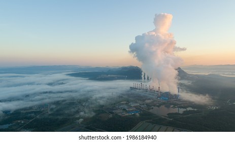 Aerial View Coal Power Plant Throwing Ash Into The Atmosphere Sunrise The Fog Is Beautiful.