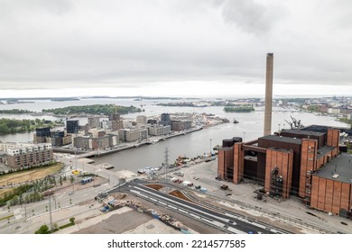 Aerial View Of The Coal Power Plant And Sompasaari Neighborhood Of Helsinki, Finland. Modern Nordic Architecture. 