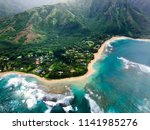 Aerial view of the coast, hills and Hanapepe town in Kauai, Hawaii