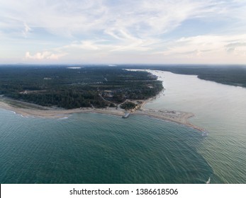 Aerial View Of A Coastal Area Where Fresh Water From A River Meets A Salt Water Located In Mek Mas Beach,kelantan,malaysia