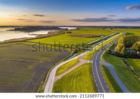 Aerial view of Coastal region with dike of IJsselmeer near Zwarte Water, Zwartsluis, Overijssel Province, the Netherlands. Landscape scene in nature of Europe.