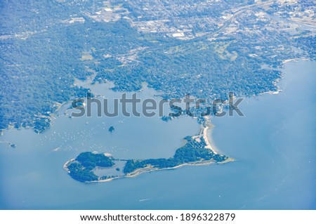 Aerial view of the coastline of Greenwich, CT, USA with Greenwich Point Park or Tods Point and its beach clearly visible in the Long Island Sound