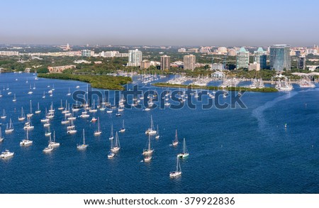 aerial view of coconut grove marina in south miami florida on clear blue sky morning