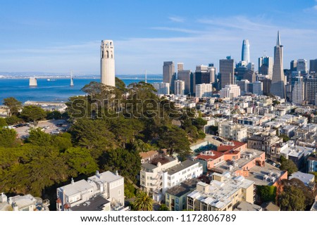Aerial View of Coit Tower and Downtown San Francisco Daytime