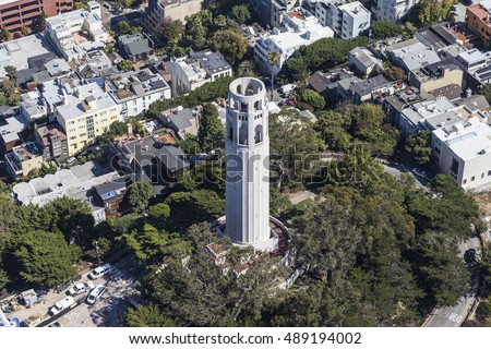 Aerial View of Coit Tower Park in San Francisco, California.