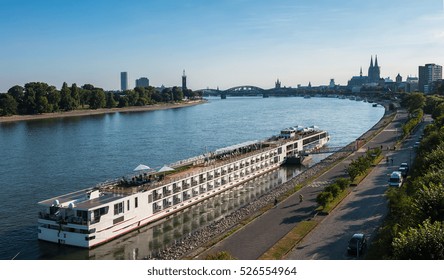 Aerial View Of Cologne Over The Rhine River With Cruise Ship In Cologne 