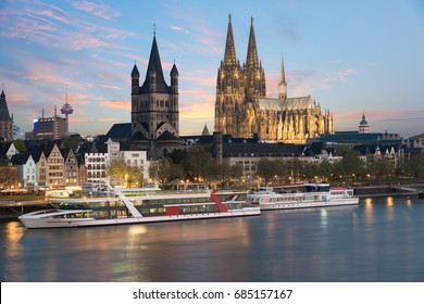 Aerial View Cologne Over The Rhine River With Cruise Ship In Cologne, Germany.