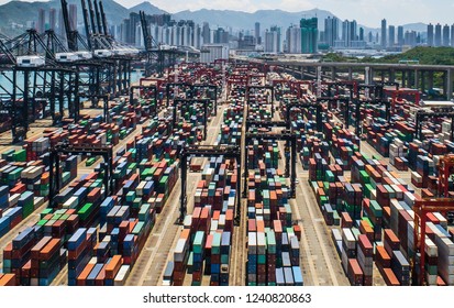 Aerial View Of Colorful Container Terminal, Trade Industry Hong Kong China