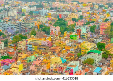 Aerial View Of Colorful Homes Indian City Trichy, Tamil Nadu