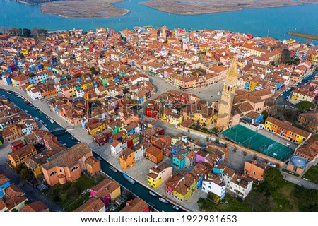 Aerial view of the colorful houses of the Burano Island, Venice