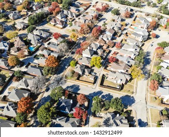 Aerial View Colorful Residential Neighborhood Near Dallas, Texas In Fall Season. Row Of Upscale Single-family Homes With Large Backyard, Swimming Pool