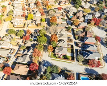 Aerial View Colorful Residential Neighborhood Near Dallas, Texas In Fall Season. Row Of Upscale Single-family Homes With Large Backyard, Swimming Pool