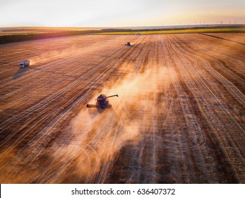 Aerial view of Combine harvester agriculture machine harvesting golden ripe wheat field - Shutterstock ID 636407372
