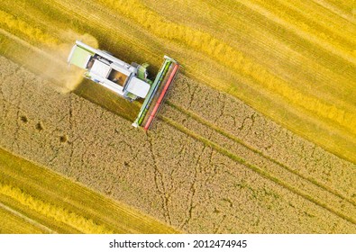 Aerial View Of Combine Harvester On Wheat Field. Agriculture And Carbon Footprint Theme.