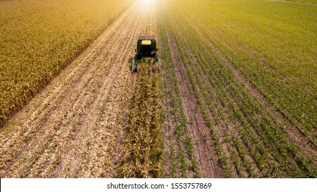 Aerial view Combine harvesters are working in Corn fields. - Shutterstock ID 1553757869