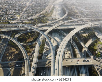 Aerial View Of Complex Highway Interchange In Los Angeles California.