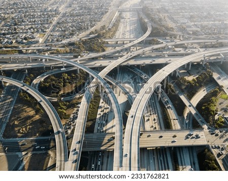 Aerial view of complex highway interchange in Los Angeles California.