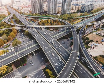 Aerial view of a complex overpass in a modern Chinese city. - Shutterstock ID 2106697142