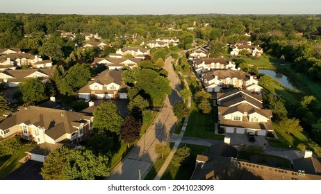 Aerial view of condo apartment buildings. Typical American neighborhood from above