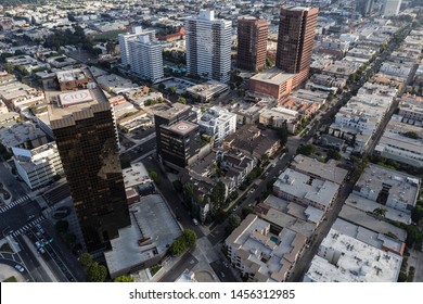 Aerial view of condos, apartments and buildings along Wilshire Blvd near Brentwood in West Los Angeles, California.