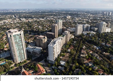 Aerial view of condos, apartments and houses along Wilshire Blvd near Westwood in Los Angeles, California.