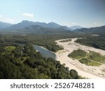 Aerial view of confluence of Sauk River and Skagit River in Rockport Washington in summer