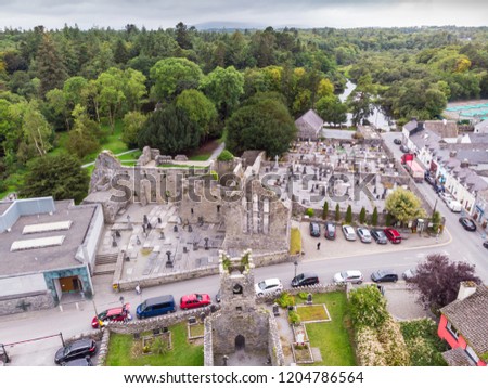 An aerial view of  Cong Abbey in the village of Cong, straddling the County Galway and County Mayo borders in Ireland.