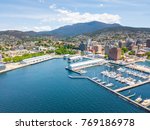 An an aerial view of Constitution Dock in Hobart, Tasmania, Australia on a sunny day