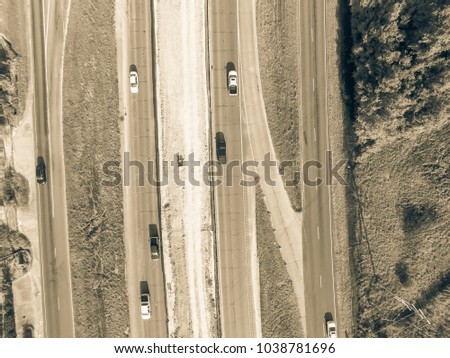 Aerial view construction of highway Interstate 10 (I10) overpass. Industrial background. Vintage tone