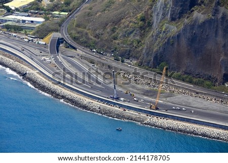 Aerial view of construction of the new coastal road in Reunion island