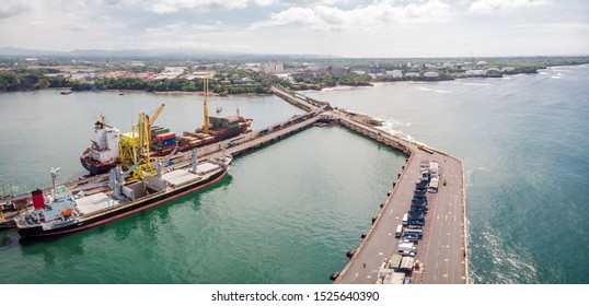 Aerial View Of A Container Cargo Ship, In Acajutla Port, El Salvador, Central America.