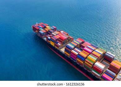 Aerial View Of Container Cargo Ship In Sea.