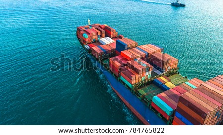 Aerial view container cargo ship, import export commerce business trade logistic and transportation of International by container cargo ship boat in the open sea, Freight shipping maritime. 