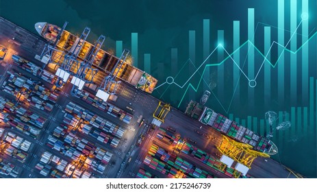 Aerial view container ship with business graph analysis, Global business import export logistic transportation worldwide by container cargo ship vessel, Freight shipping maritime.
