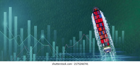 Aerial view container ship with business graph analysis, Global business import export logistic transportation worldwide by container cargo ship vessel, Freight shipping maritime. - Shutterstock ID 2175246741