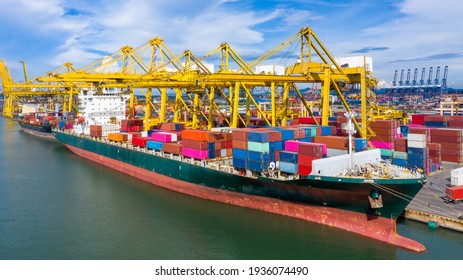 Aerial view container ship, import export commerce global business trade logistic and transportation of International by container ship boat, Cargo freight shipping maritime sea port terminal.