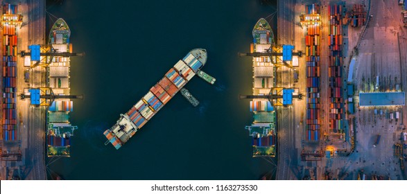 Aerial view container ship from sea port working for delivery containers shipment. Suitable use for transport or import export to global logistics concept.