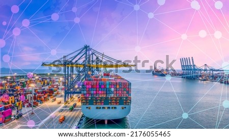 Aerial view container ship with world map digital network business analysis, Global business import export logistic transportation worldwide by container cargo ship vessel, Freight shipping.
