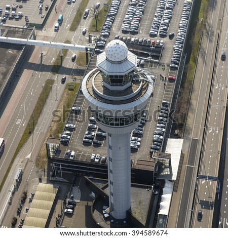 Aerial view of the control tower at Schiphol Airport, Amsterdam.