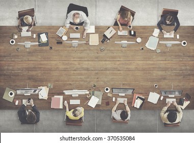 Aerial View Corporate Collaboration Working Table Concept